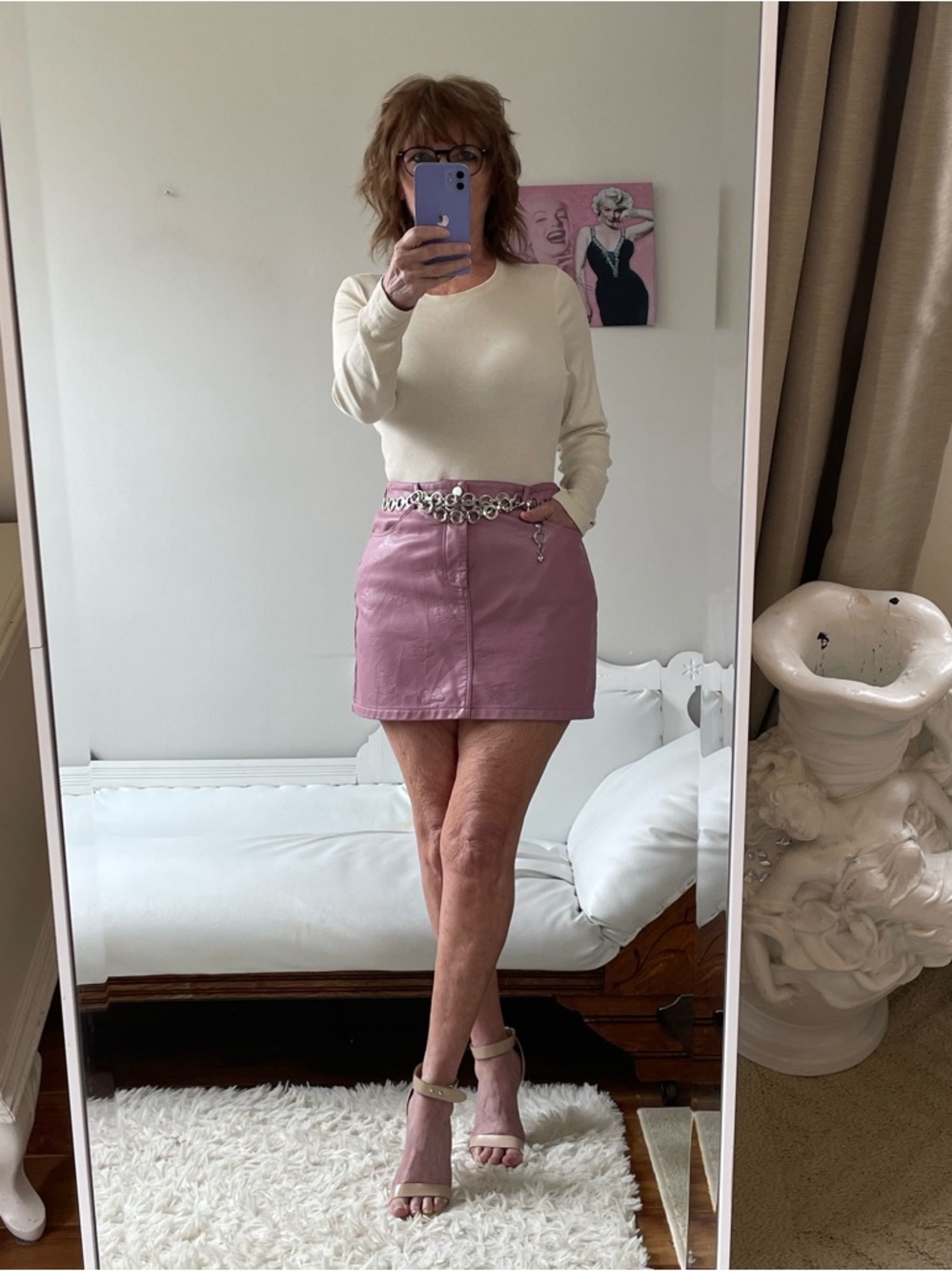 LAVENDER LILAC FAUX LEATHER PENCIL SKIRT LAZER FLOWERS POCKETS ZIPPER LE LIS